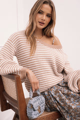 Becca Crewneck Waffle Stitch Stripe Knit Sweater - Tan