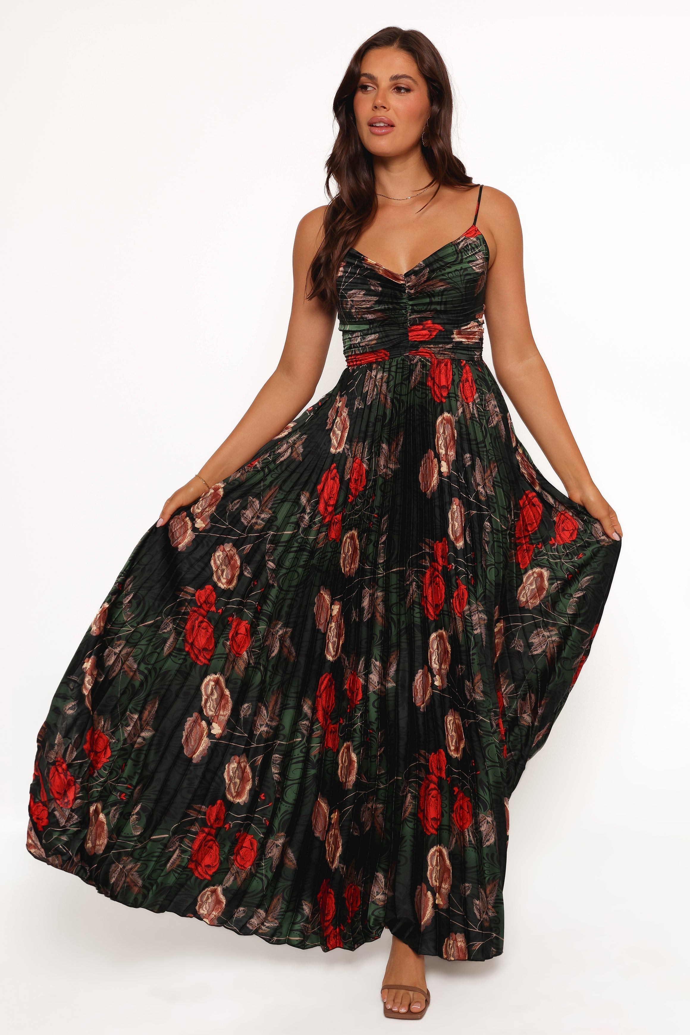 Naira Pleated Maxi Dress - Green Floral