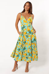 Emery Lemon Print Midi Dress - Sky Lemon