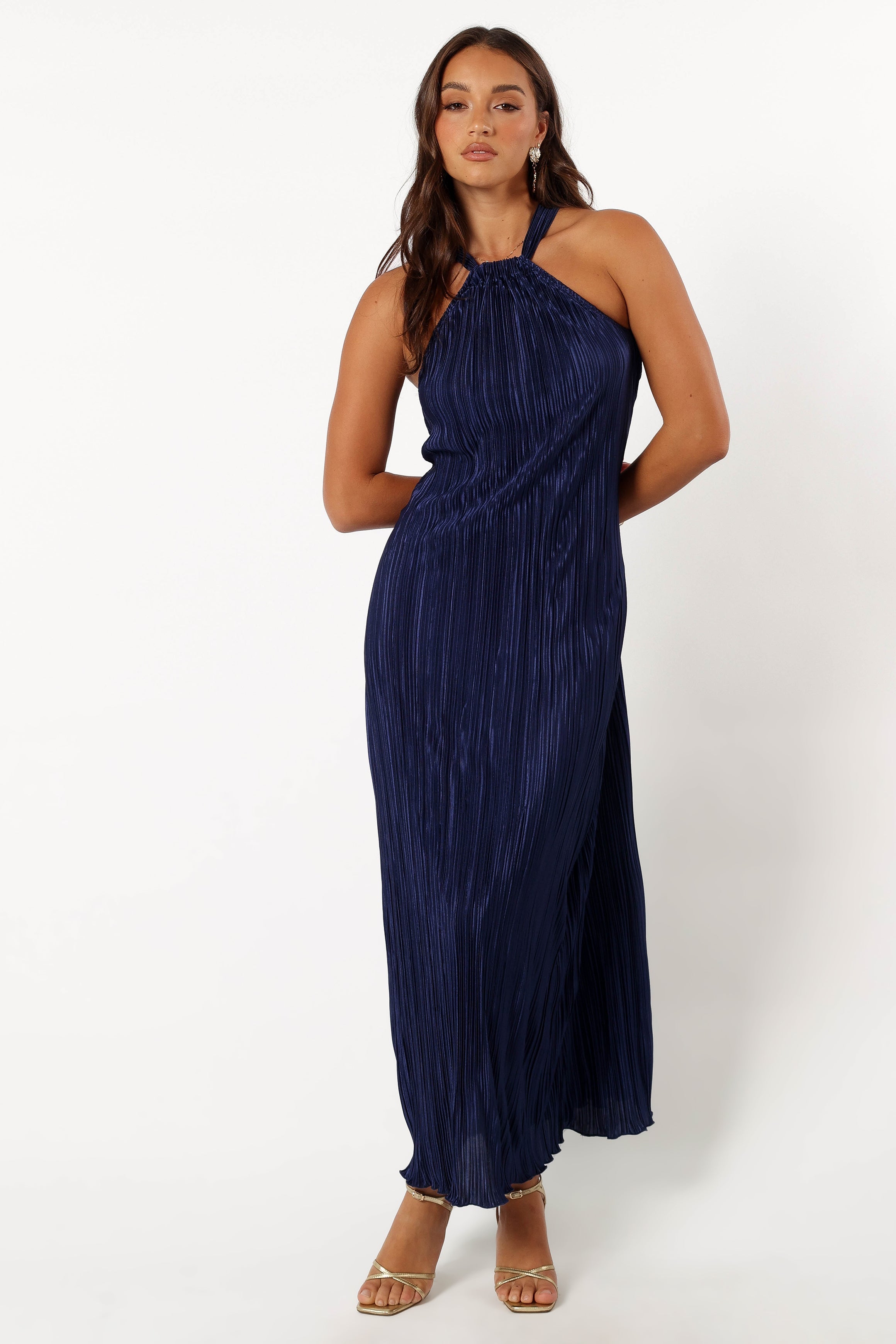 Melody Plisse Halter Maxi Dress - Navy