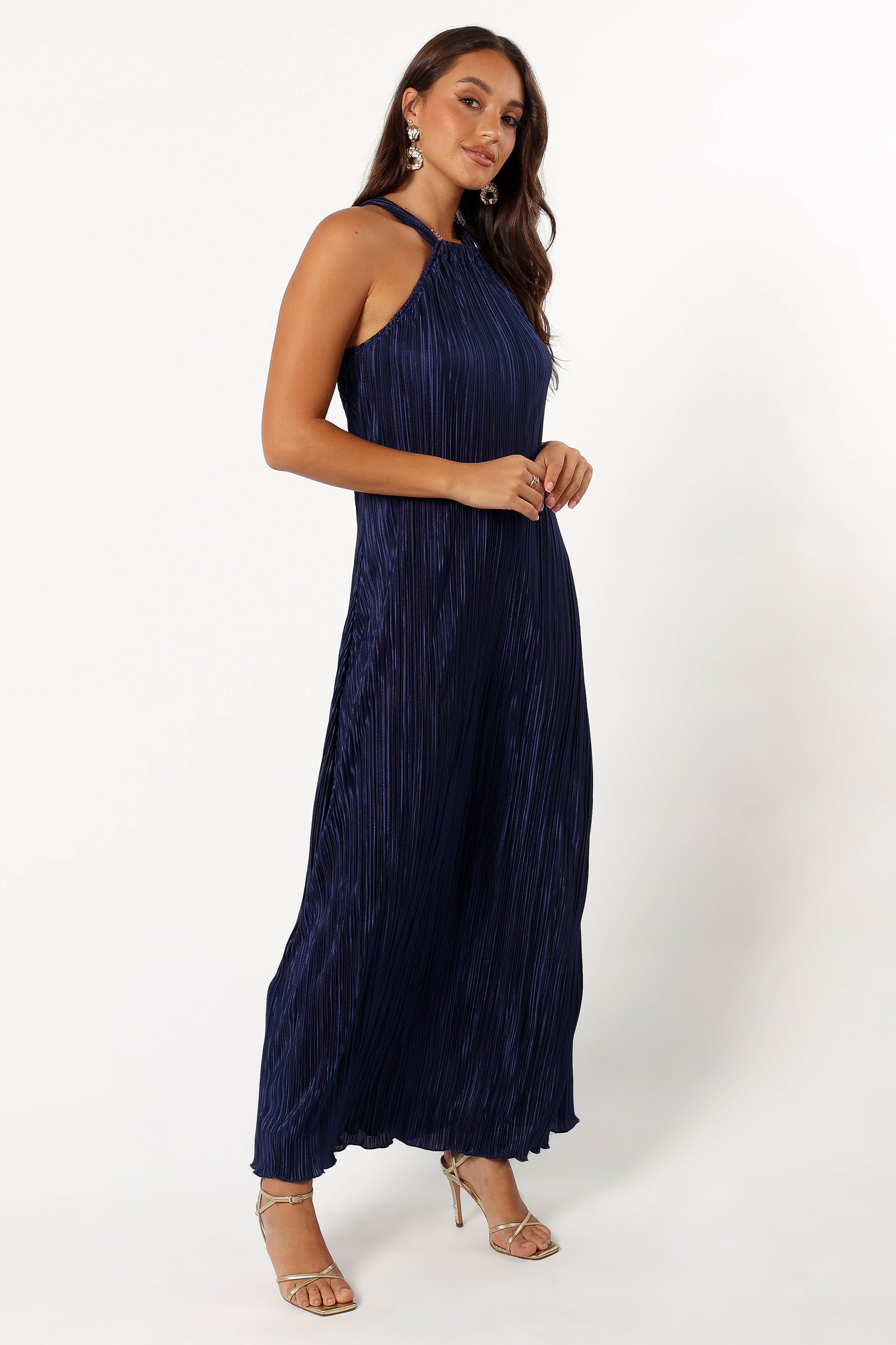 Melody Plisse Halter Maxi Dress - Navy