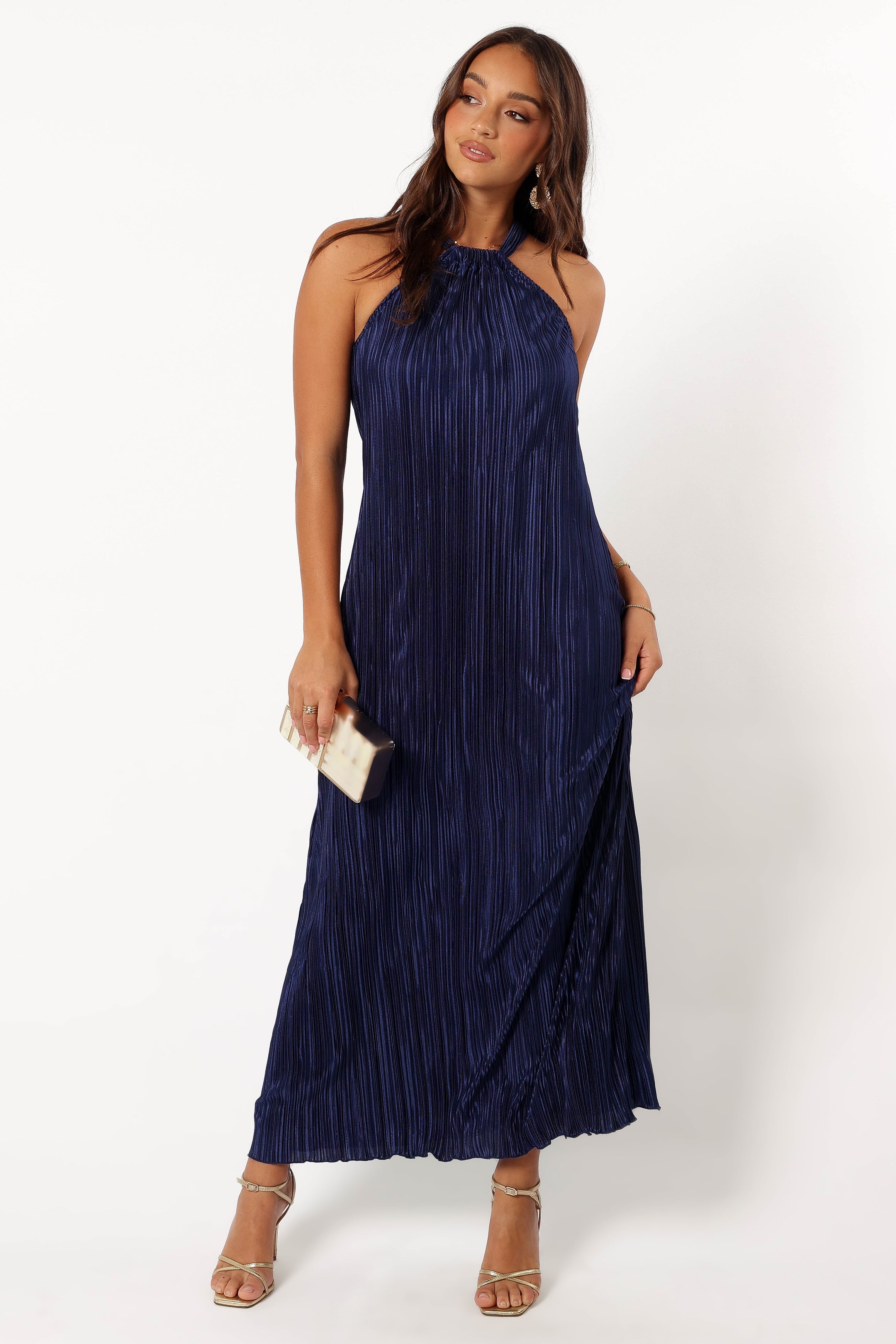 Melody Plisse Halter Maxi Dress - Navy