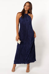 Melody Plisse Halter Maxi Dress - Navy